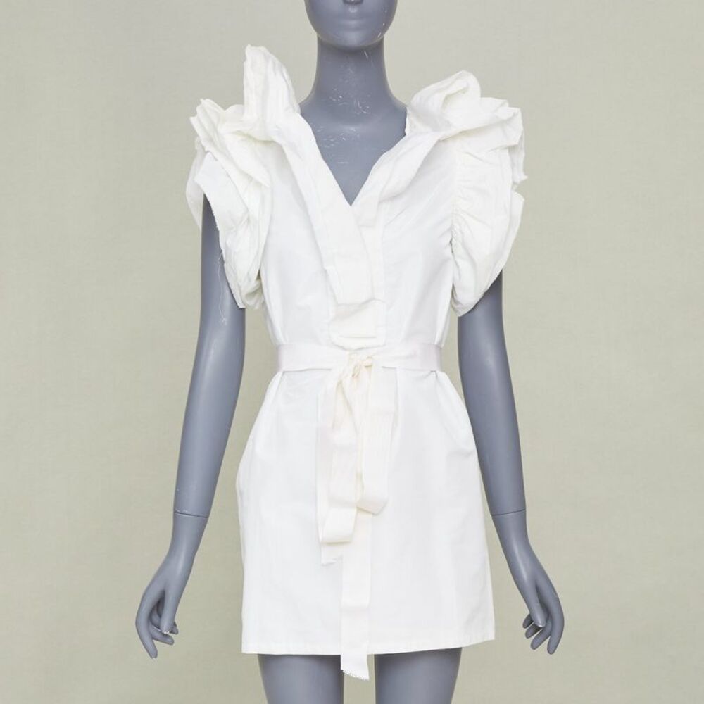 Lanvin white cotton wrap tiered ruffle dress